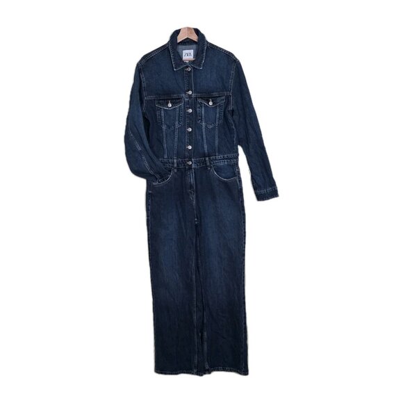 Zara Denim Jumpsuit Women XL Blue LS Button Front Zip Fly Distressed Grunge Boho - Picture 1 of 15
